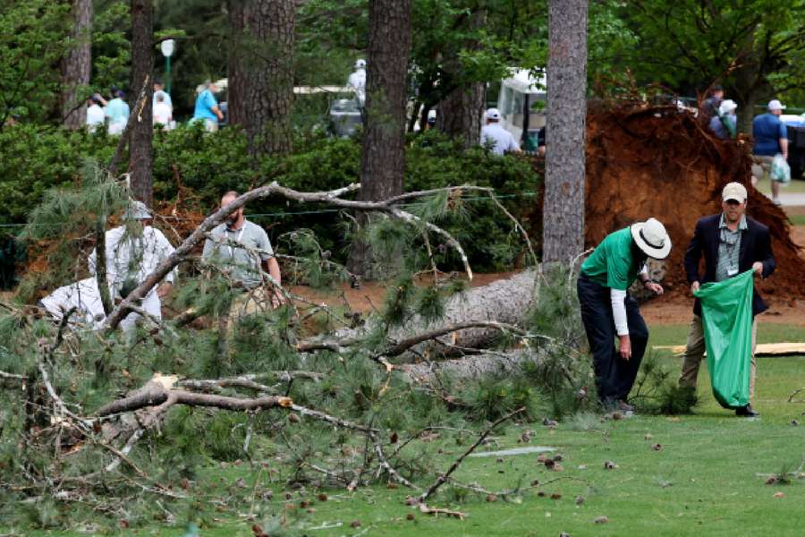 Grounds staff collect debris on the fairway after a tree is uprooted