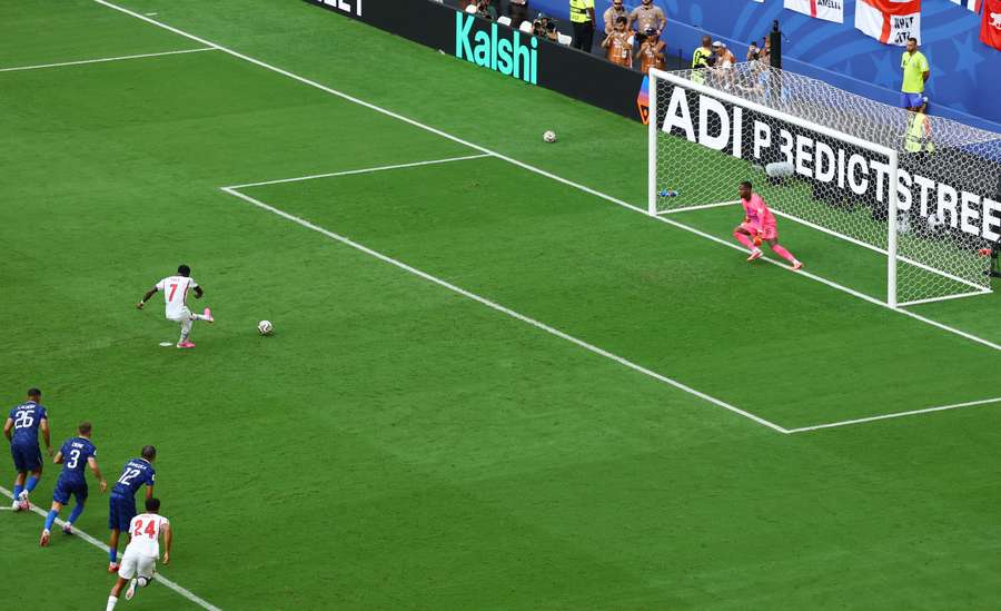 Saka scored from the spot to complete his hat-trick Saka scored from the spot to complete his hat-trick