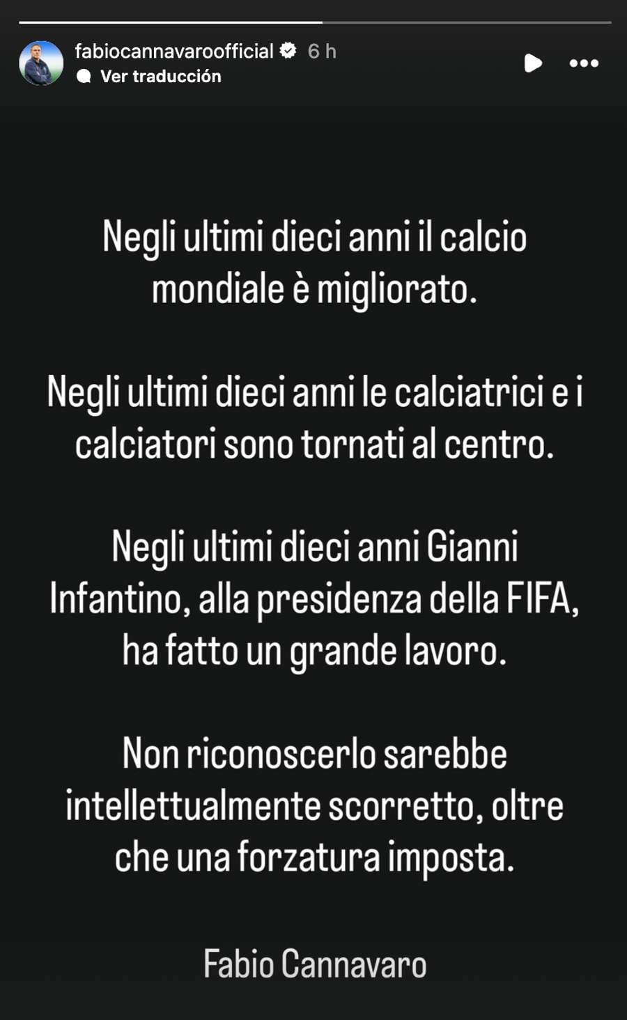 El mensaje de Fabio Cannavaro en sus historias de Instagram