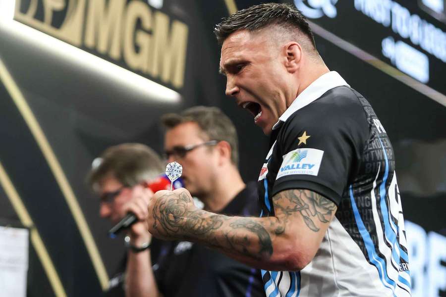 Gerwyn Price celebrates in Manchester