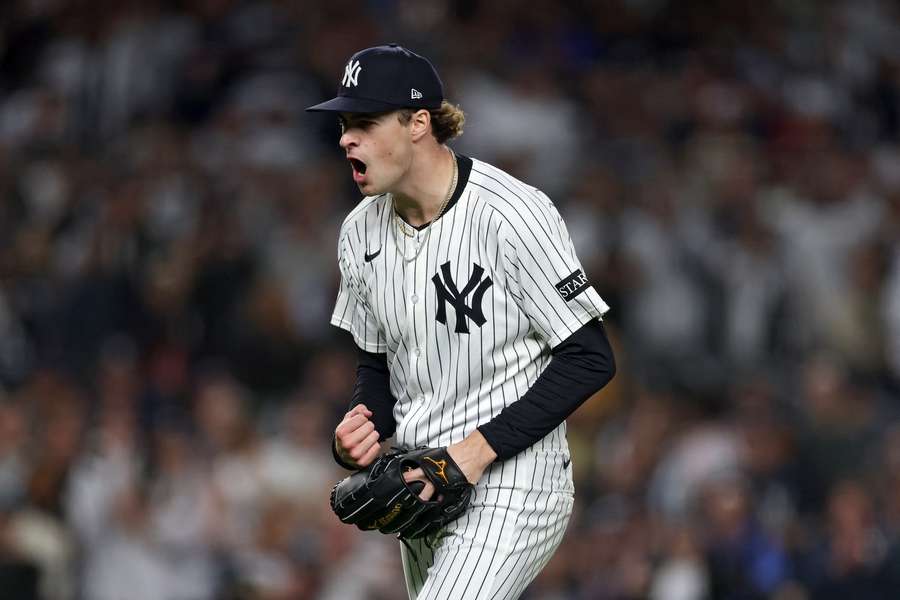 New York Yankees' Cam Schlittler reacts after a strikeout in Game 3 of the 2025 Wild Card Series against the Red Sox