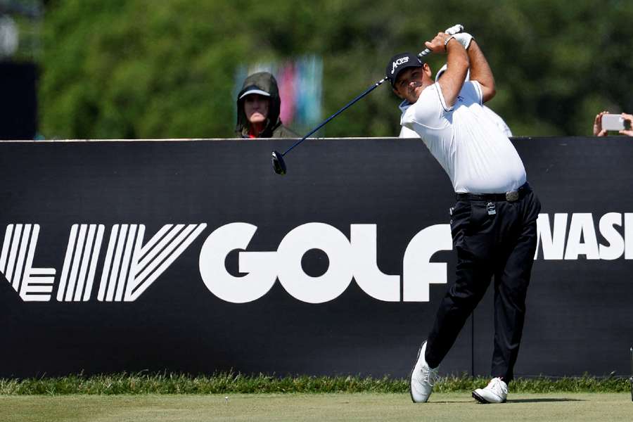 Patrick Reed hits his tee shot on the ninth hole during the Pro-Am tournament as part of the LIV Golf Washington event