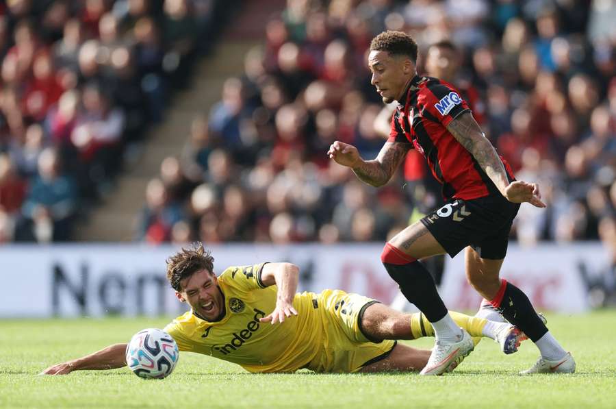 Brentford's Aaron Hickey in action with AFC Bournemouth's Marcus Tavernier Brentford's Aaron Hickey in action with AFC Bournemouth's Marcus Tavernier