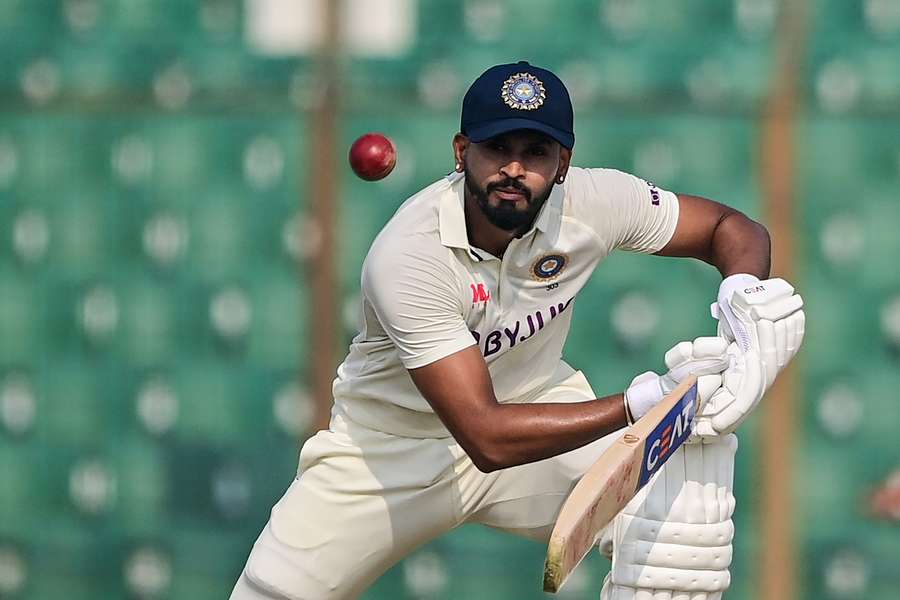 India's Shreyas Iyer plays a shot during the first day of the first Test