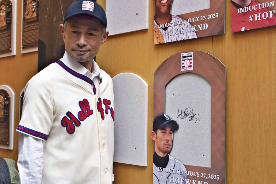Ichiro in front of his Cooperstown base that he signed (2025)
