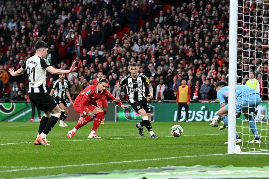 Darwin Nunez makes a hash of his shot at goal which rolls gently to Newcastle keeper Nick Pope Darwin Nunez makes a hash of his shot at goal which rolls gently to Newcastle keeper Nick Pope