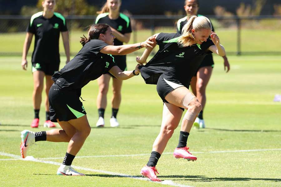 Sam Kerr and Kaitlyn Torpey train at the Sam Kerr Football Centre in Perth.