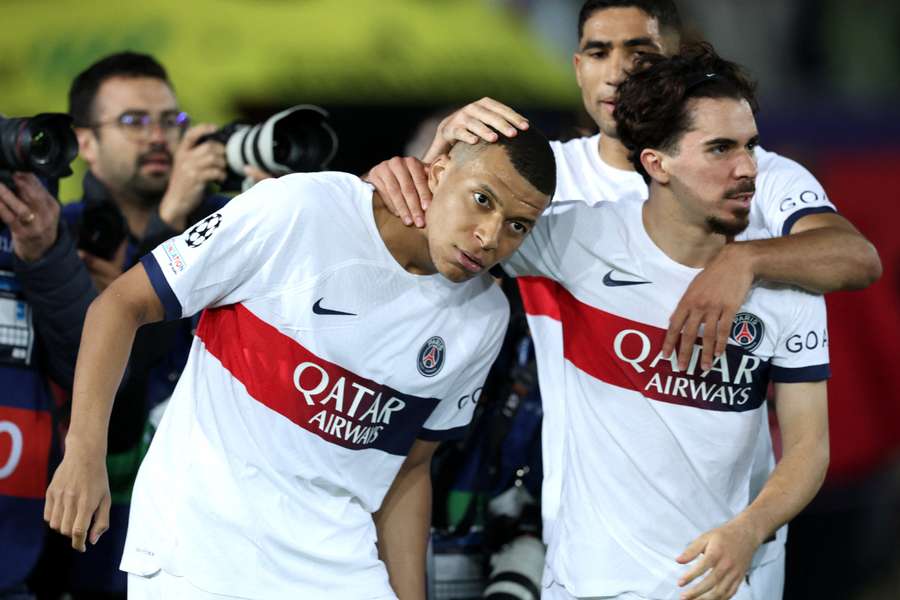 Kylian Mbappe of Paris Saint-Germain celebrates scoring his team's third goal