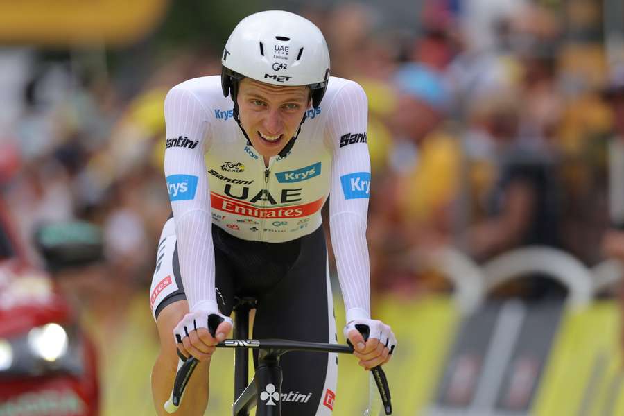 Tadej Pogacar reacts after finishing the 16th stage of the Tour de France
