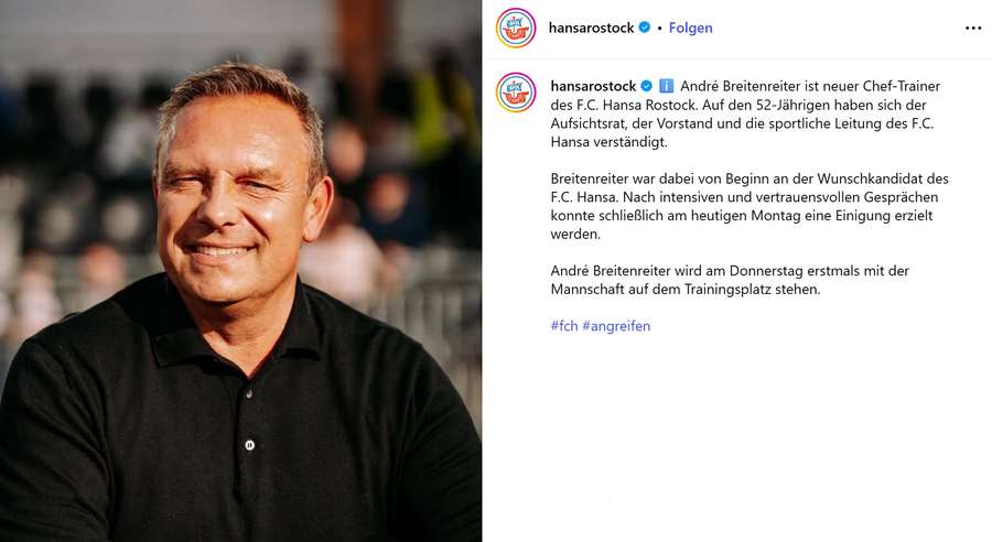 Der offizielle Instagram-Post des Vereins