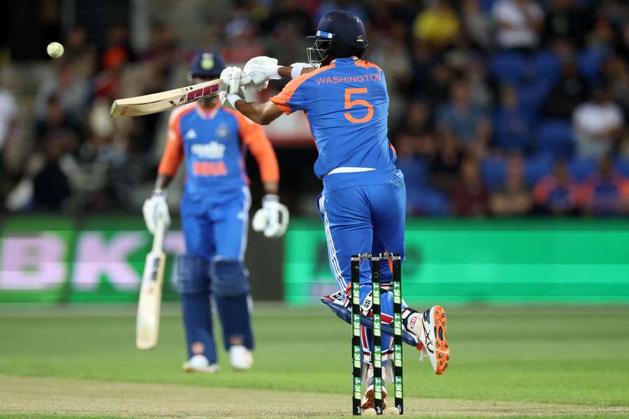Washington Sundar plays a shot during the third Twenty20 cricket match between Australia and India at Bellerive Oval in Hobart
