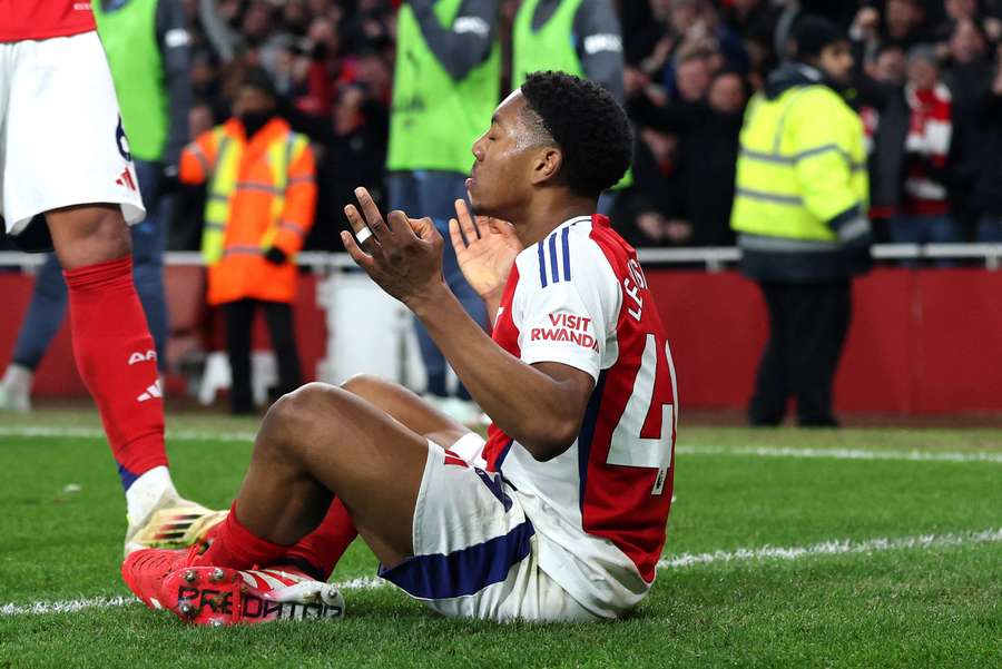 Myles Lewis-Skelly celebrates scoring against Manchester City