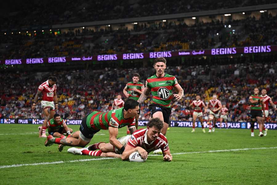 Jack Bostock scoring a try against South Sydney Rabbitohs earlier this season. 