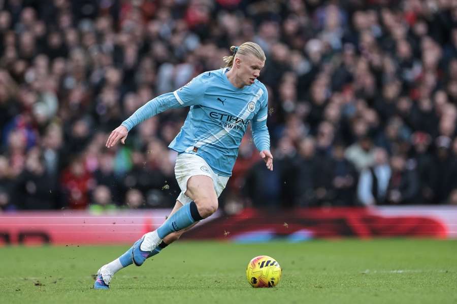 Erling Braut Haaland in action against Manchester United 