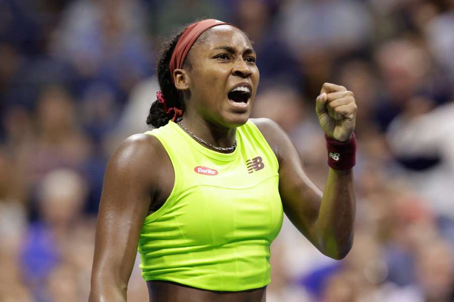 USA's Coco Gauff celebrates her win against Czech Republic's Karolina Muchova