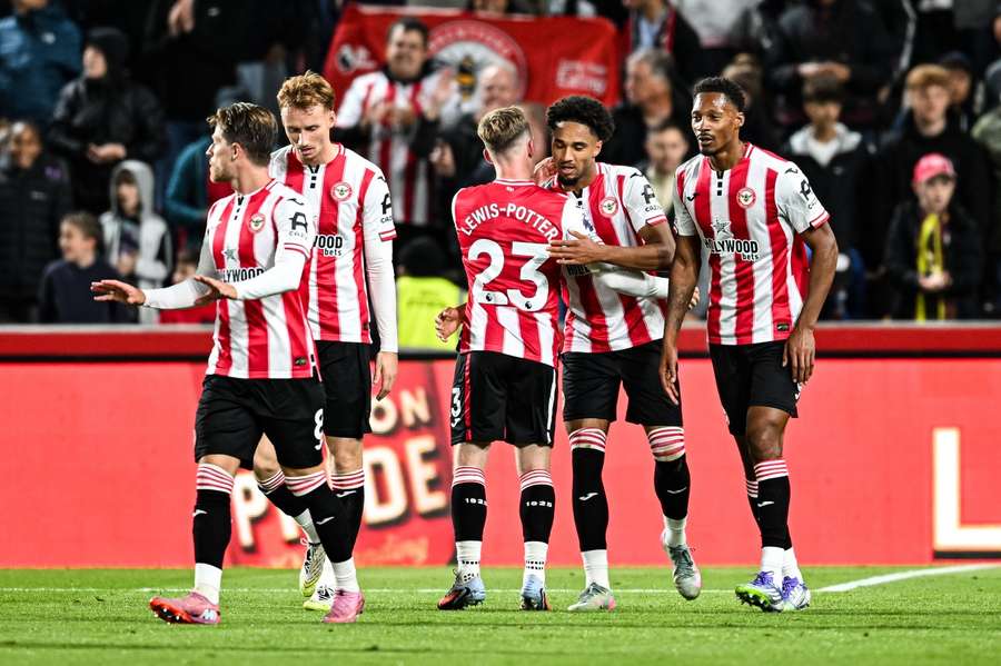 Kevin Schade celebrates after giving Brentford the lead against Chelsea