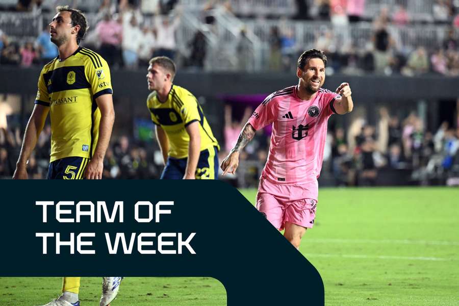 Messi celebrates completing his brace against Nashville Messi celebrates completing his brace against Nashville