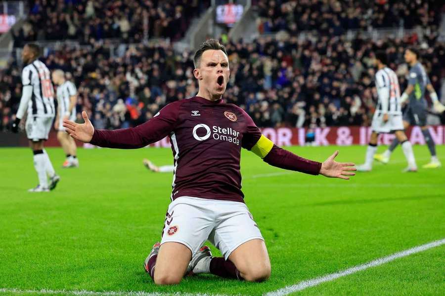 Lawrence Shankland of Hearts celebrates scoring his team's first goal