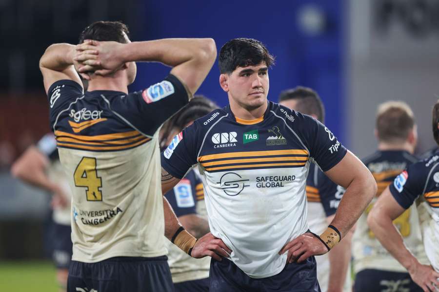 Brumbies' Darcy Swain reacts in frustration