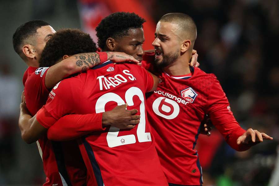 Lille's Canadian forward Jonathan David celebrates scoring