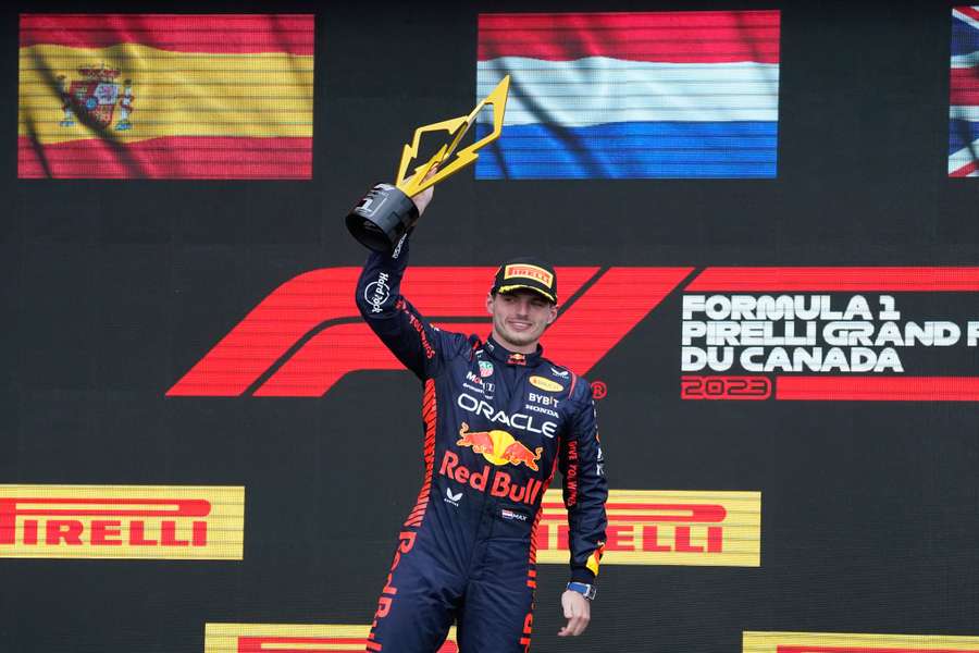 Red Bull's Max Verstappen celebrates on the podium