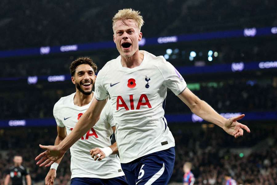 Tottenham Hotspur's Jan Paul van Hecke celebrates scoring their second goal Tottenham Hotspur's Jan Paul van Hecke celebrates scoring their second goal