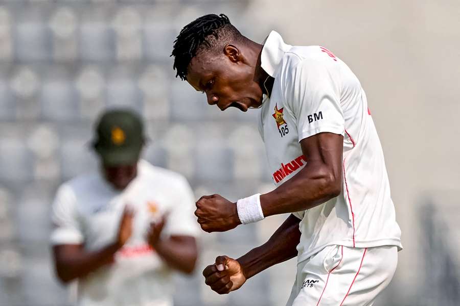 Zimbabwe bowler Blessing Muzarabani celebrates one of his three first innings wickets against Bangladesh.