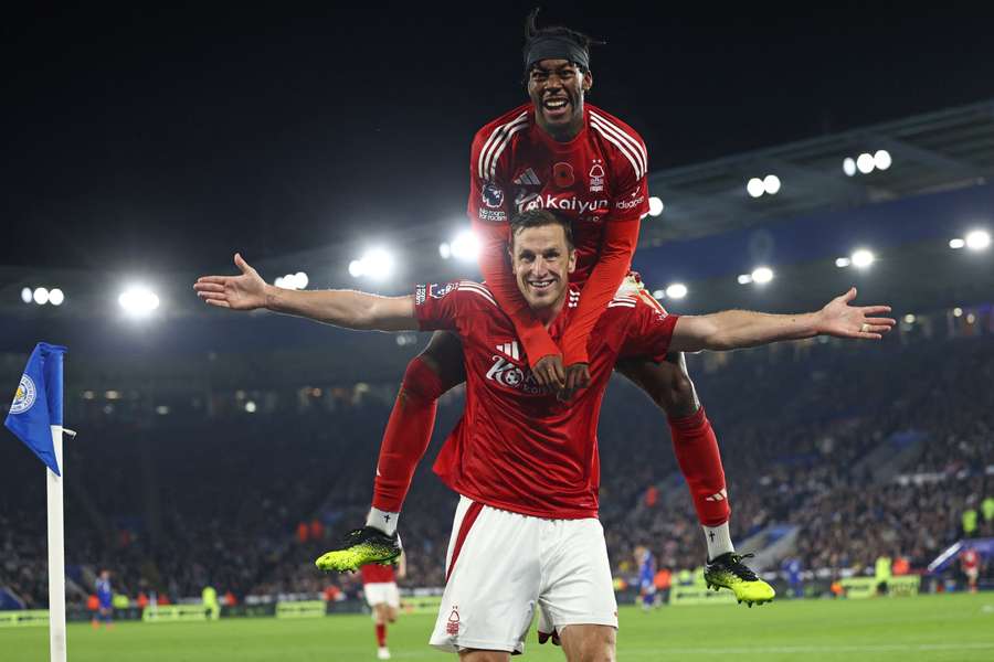 Chris Wood celebrates with Nottingham Forest team-mate Anthony Elanga