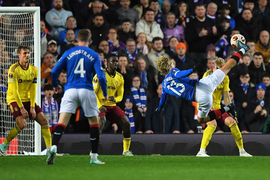 Rangers' English midfielder #13 Todd Cantwell attempts an overhead bicycle kick 