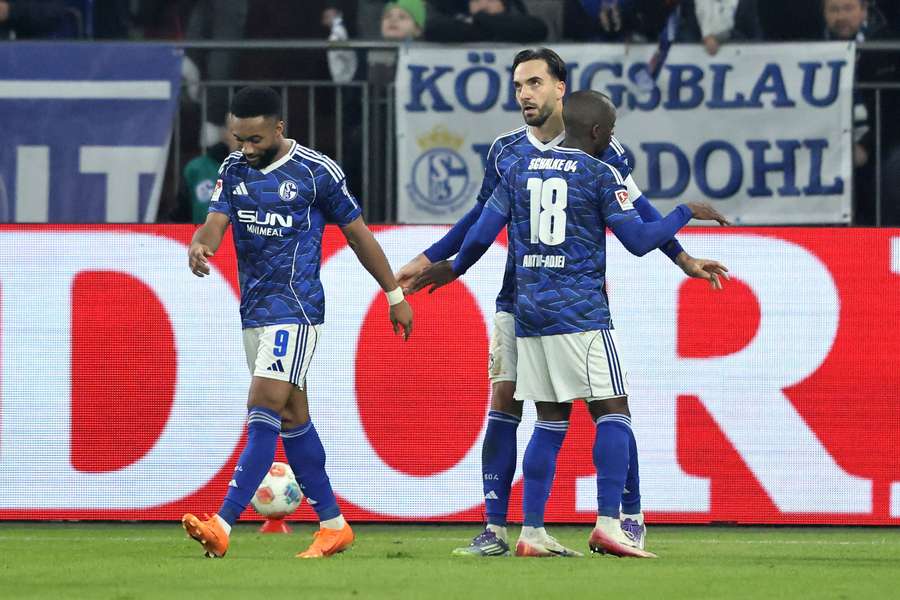 Die Schalker feiern ihren Torschützen zum 1:1, Kenan Karaman. Die Schalker feiern ihren Torschützen zum 1:1, Kenan Karaman.