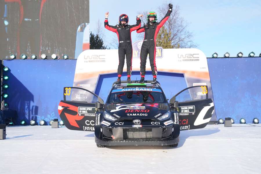 Toyota's Elfyn Evans celebrates winning Rally Sweden