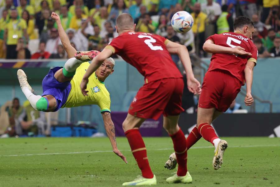 Richarlison scores his team's second goal during the Qatar 2022 World Cup Group G match between Brazil and Serbia