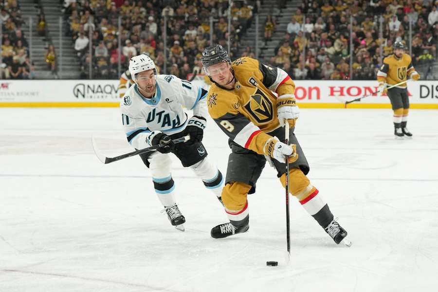 Golden Knights Jack Eichel handles the puck in Game 1 vs. Utah Mammoth