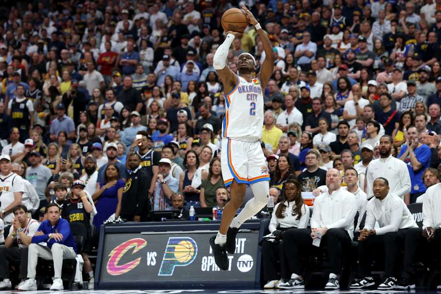 Shai Gilgeous-Alexander shooting a three-pointer in Game 4 vs. Denver Nuggets (2025 NBA Playoffs)