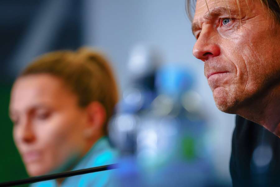 Australian Head Coach Tony Gustavsson gestures during a press conference