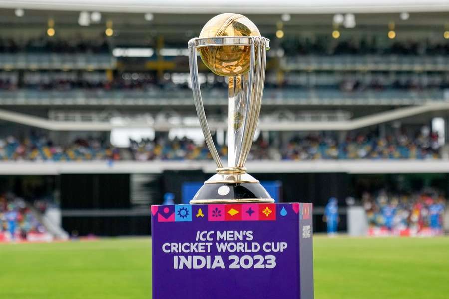 The trophy of the Men's Cricket World Cup is on display at the Kensington Oval in Bridgetown, Barbados