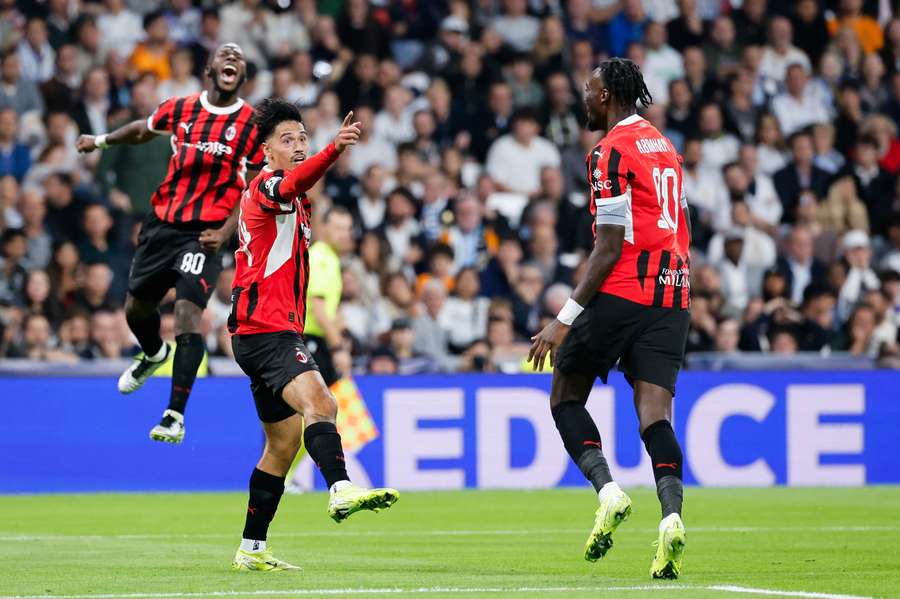 AC Milan's Dutch midfielder Tijani Reijnders celebrates scoring their third goal