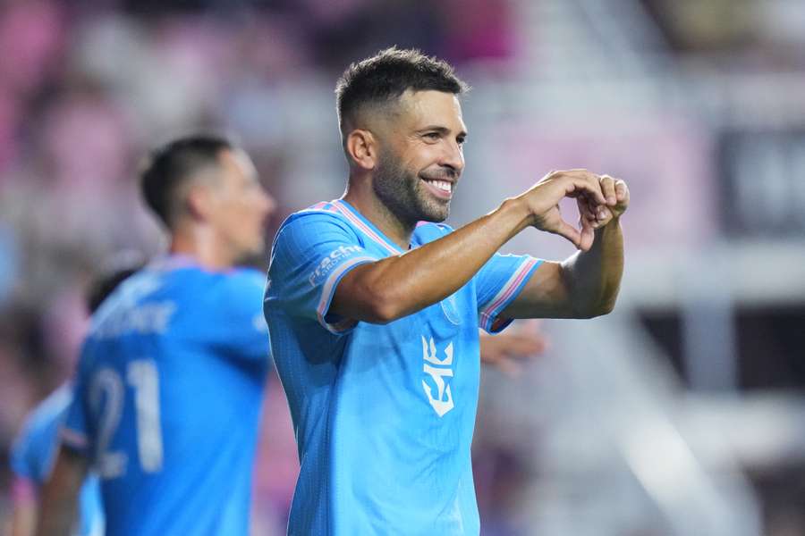 Jordi Alba celebrates after scoring against New England Revolution on Saturday