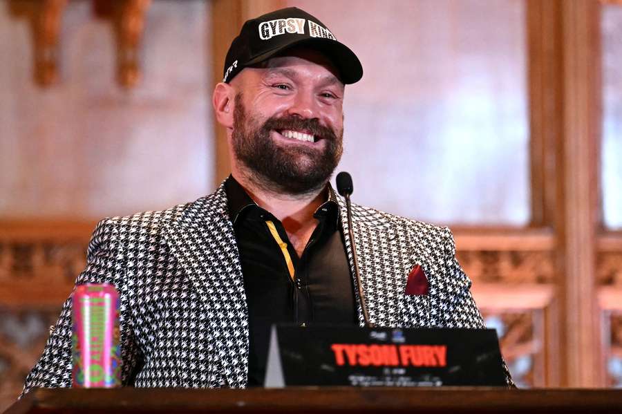 Tyson Fury reacts during a press conference to promote the bout on Wednesday