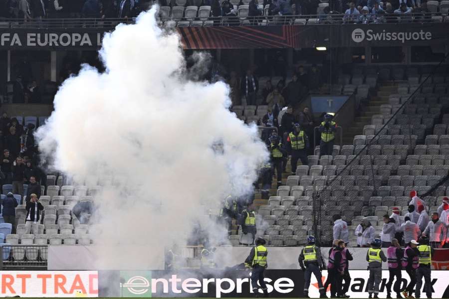 Supporters set off fireworks on both the pitch and the stands during Thursday's Europa League match between Malmö FF and FC Union Berlin.