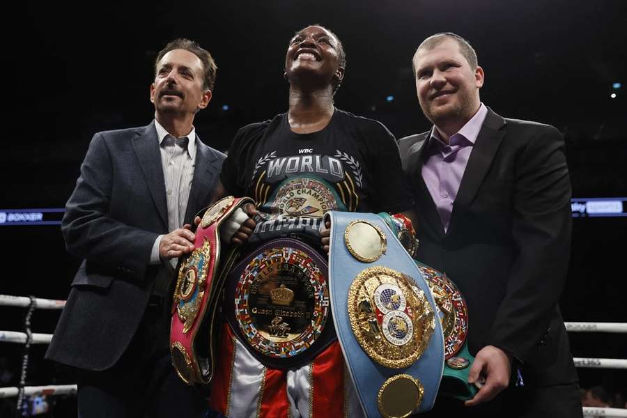 Claressa Shields celebrates winning her fight against Savannah Marshall