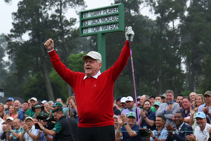 Jack Nicklaus plays his first shot during the ceremonial first tee prior to the first round of the 2023 Masters.