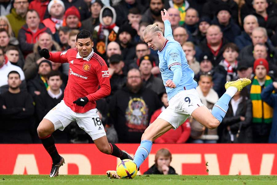 Manchester City's Norwegian striker Erling Haaland shoots but fails to score