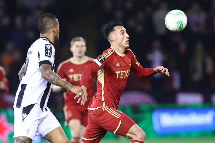 Bojan Miovski (9) of Aberdeen during the Europa Conference League match between Aberdeen and PAOK 