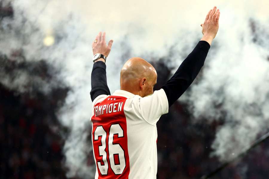 Erik ten Hag during a celebration of his latest Eredivisie title with Ajax Erik ten Hag during a celebration of his latest Eredivisie title with Ajax