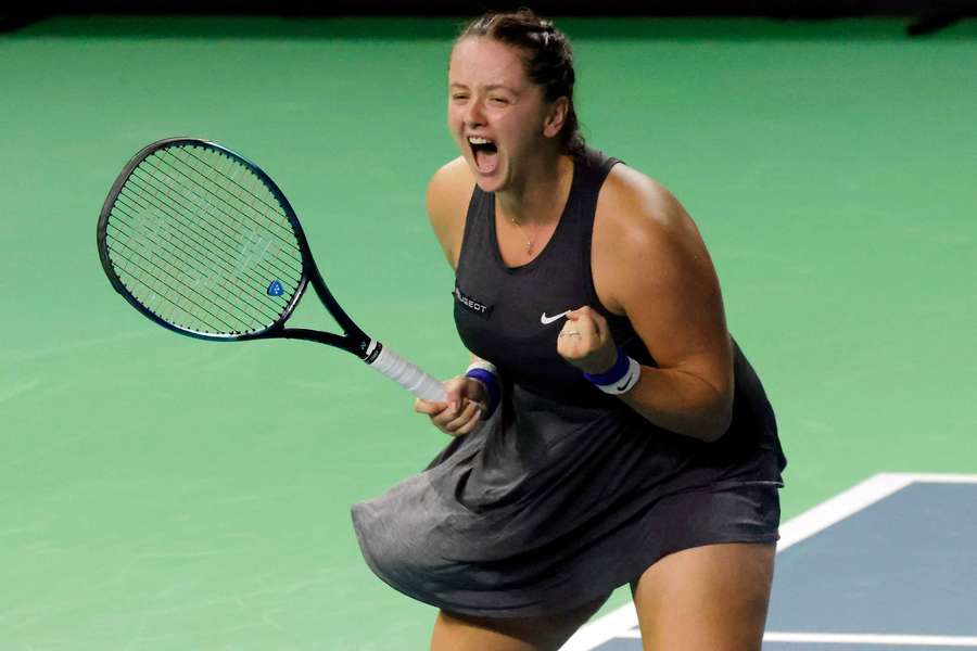 Slovakia's Viktoria Hruncakova celebrates winning her match against Australia's Kimberly Birrell