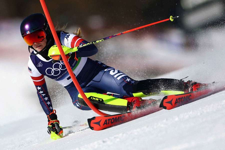 Mikaela Shiffrin of the United States in action during her first run in the women's slalom