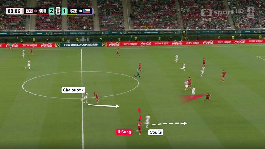 Štěpán Chaloupek mohl rozjet zajímavý brejk v závěru utkání, ale akci zpomalil a následně špatnou přihrávkou přišel o balon.