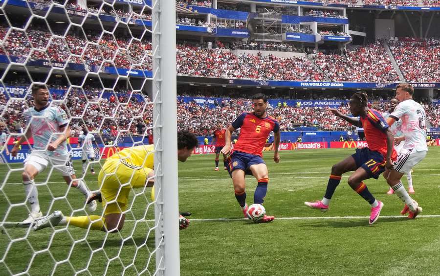 Spain's Mikel Merino scores their second goal Spain's Mikel Merino scores their second goal