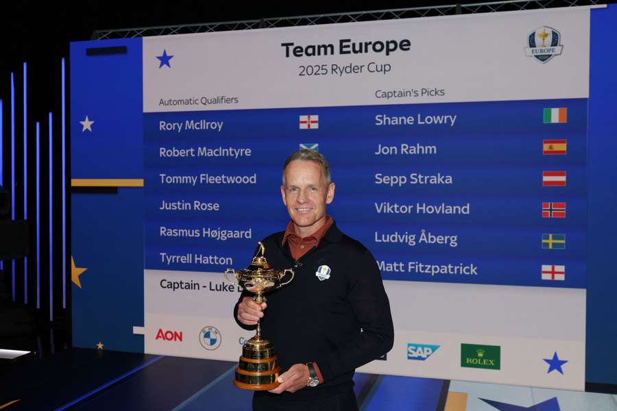 Luke Donald, the 2025 Team Europe Captain, poses for a photo with the twelve names selected for Team Europe